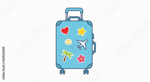 Light-blue suitcase decorated with colorful travel stickers.