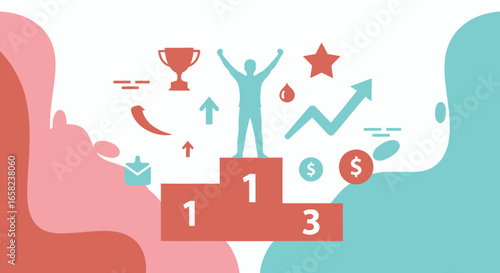 Silhouette of a person on a winner's podium, surrounded by achievement symbols, in a modern abstract style.