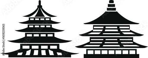 Collection of Silhouetted Asian Architectural Structures. Black and White Asian Temple Illustration with Arches and Domed Roofs Design