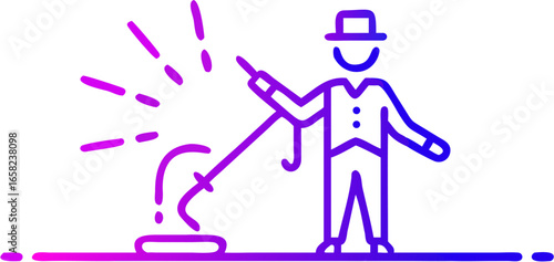 Illustration of a magician with a hat performing a magic trick with sparks and a curved object, outline