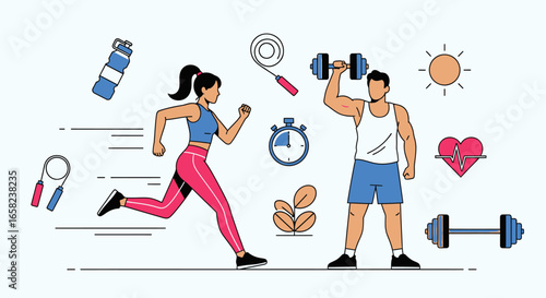 Active lifestyle illustration featuring a woman running and a man lifting weights, with fitness accessories and health symbols.