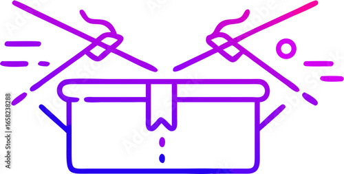 Hands using chopsticks to pick up a closed box with a tag in a purple and blue gradient outline
