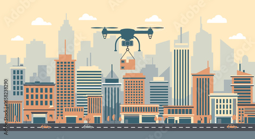 Drone delivery service in a modern city skyline.