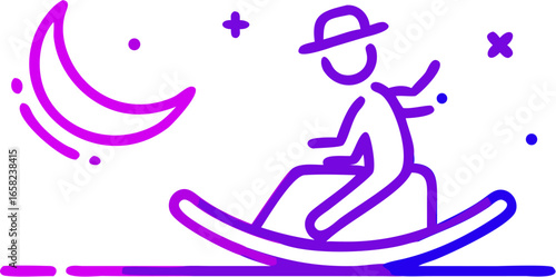 Illustration of a person in a hat riding a crescent moon with stars and dots in a gradient color scheme