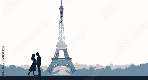 Silhouette of a couple embracing in front of the Eiffel Tower, a romantic Parisian scene.