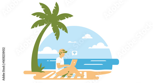 A man working on a laptop on a beach under a palm tree, enjoying a digital vacation.