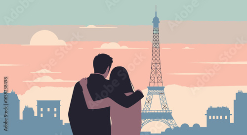 Silhouette of a couple embracing, overlooking the Eiffel Tower in Paris at sunset.