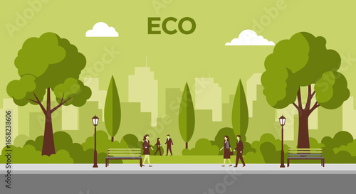City park scene with people enjoying the outdoors, emphasizing eco-friendly urban design.