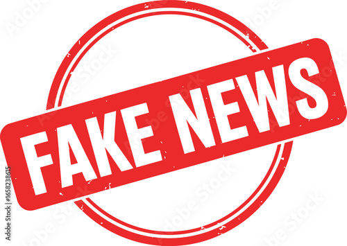 Red circular stamp with the words fake news printed in white on a diagonal red banner inside the circle