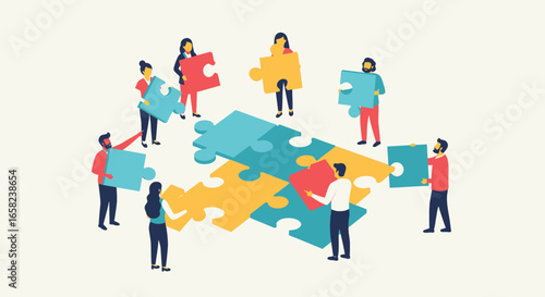 Diverse team collaboratively assembles a large jigsaw puzzle, symbolizing teamwork and problem-solving.