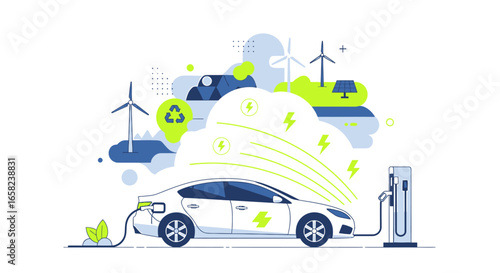 Electric car charging, powered by renewable energy sources, illustrating sustainable transportation.