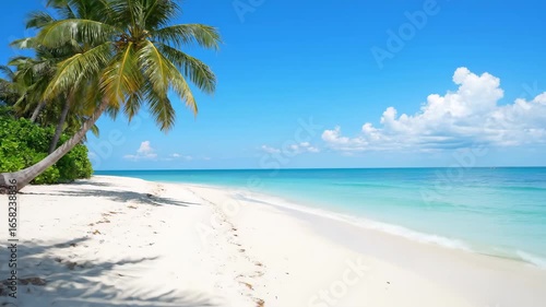 Wallpaper Mural Tropical Beach Paradise - A pristine white sand beach with lush palm trees gently swaying in the breeze, clear turquoise water laps the shore under a vibrant blue sky with fluffy white clouds. Torontodigital.ca