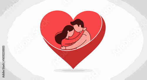 Loving couple embracing within a large red heart, symbolizing romance and affection.