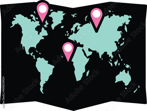 Folded World Map with Location Pins for Travel Navigation