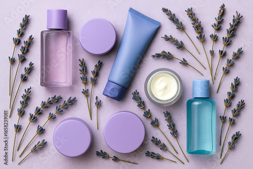 Cosmetic products with lavender flowers on a purple background, including cream jars, lotion bottles, and a tube. Ideal for beauty, skincare, and natural product themes. Mockup