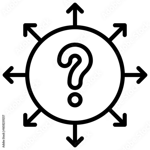 Question Directions Outline Icon Design Vector - Circle with arrows pointing outward and a question mark in the center, symbolizing choice, decision, or multiple directions