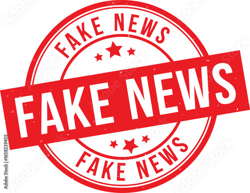 Red circular stamp and diagonal banner clearly stating fake news in bold white letters against a white background