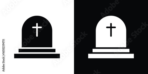 Grave Icon with Cross, Isolated on White and Black Background