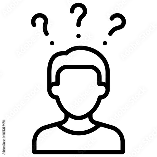 Confused Person Outline Icon Design Vector - Human head with multiple question marks above, symbolizing confusion, doubt, or uncertainty