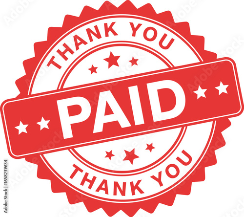 Red and white circular stamp with the word paid prominently displayed in the center and thank you around the border