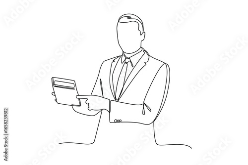 simple continuous line draw of banker activity holding calculator. Business minimalist concept. Banker minimalist concept. Banker activity.