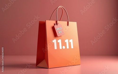 Shopping bag with tag saying '11.11. Singles' Day', a Chinese unofficial holiday and shopping season that celebrates people who are not in relationships. High quality