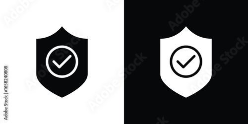 Shield Icon with Check Mark, Isolated on White and Black Backgrounds