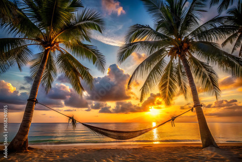 Fototapeta Naklejka Na Ścianę i Meble -  Beautiful silhouette of hammock on palm trees on tropical beach paradise at sunset