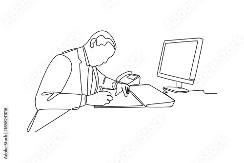 simple continuous line draw of banker activity writing in front of computer. Business minimalist concept. Banker minimalist concept. Banker activity.