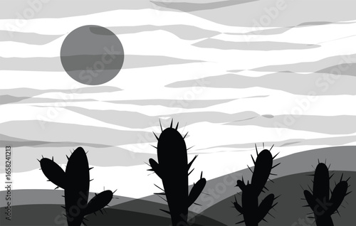 Cactus on dessert landscape monochrome illustration design.eps