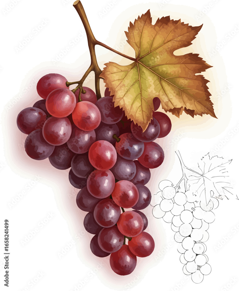 Obraz premium Conceptual Art Sketch Style A Bunch of Grapes with a Withered Leaf