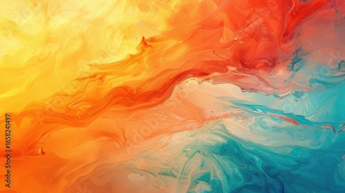 Abstract painting featuring a blend of yellow orange red and blue colors with fluid textures and patterns
