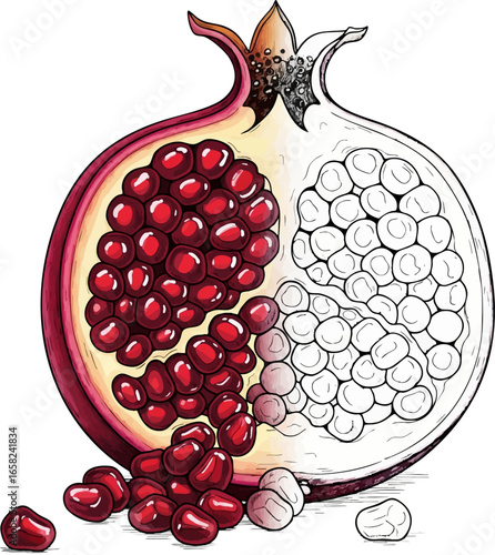 Conceptual Art Sketch Style A Halved Pomegranate with Spilling Seeds