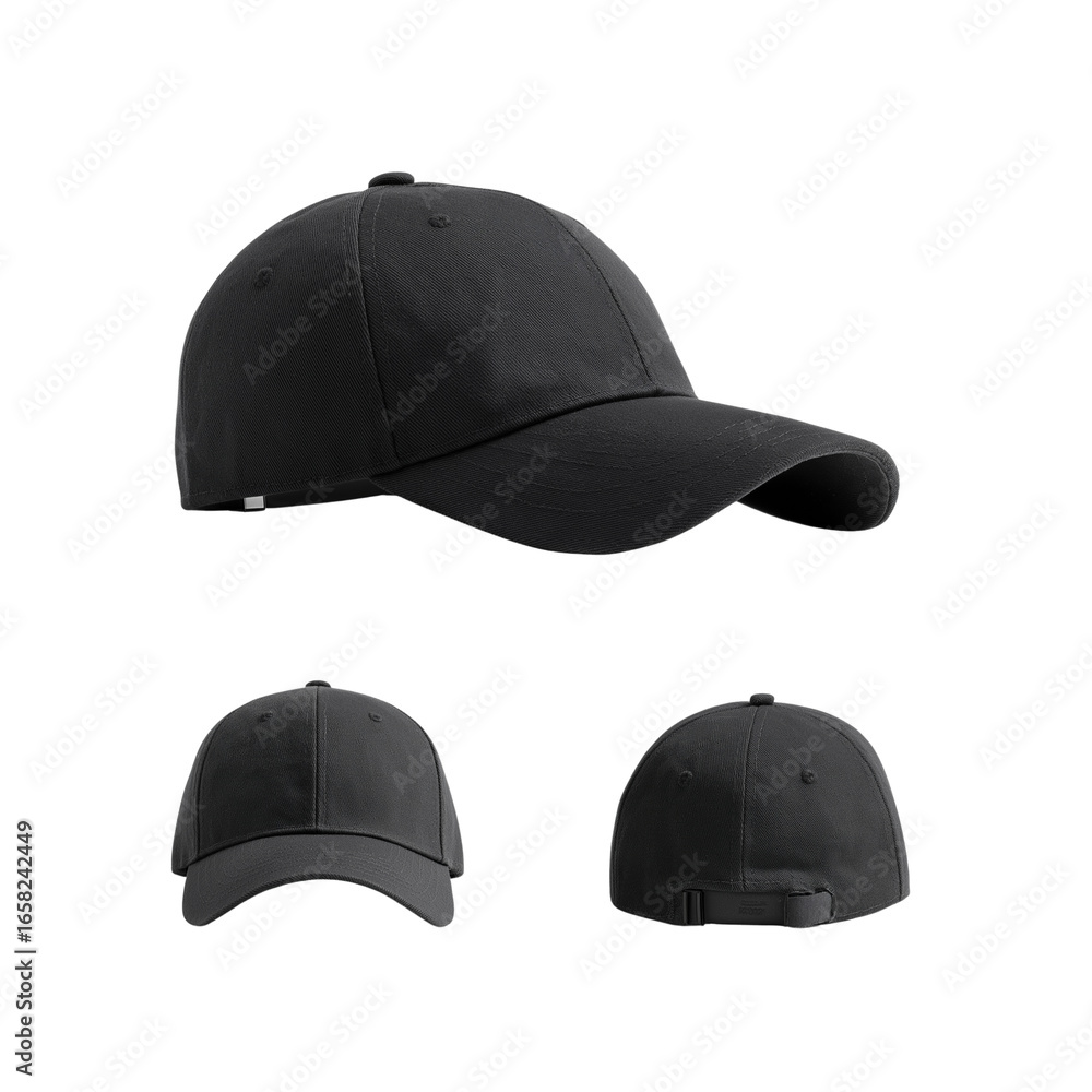 Three different views of a solid black baseball cap against a white background, captured through ultra-realistic photography. Three different views of a solid black baseball cap against a white background, captured through ultra-realistic photography.