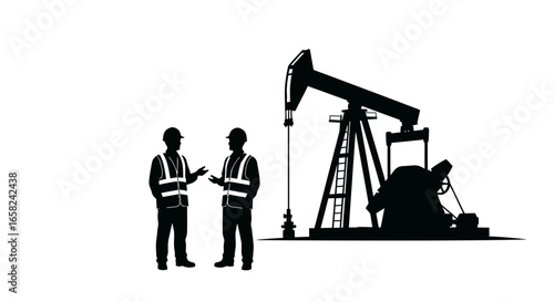 Two oil workers in safety vests discuss operations near an active oil pump jack.