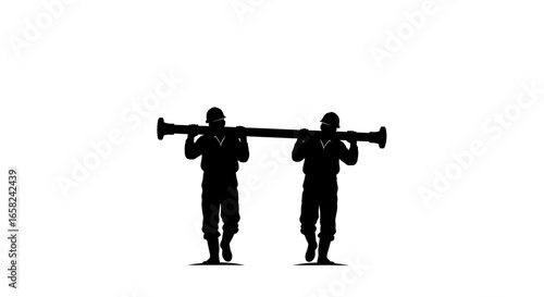 Two soldiers in silhouette carrying a large weapon, possibly a rocket launcher.