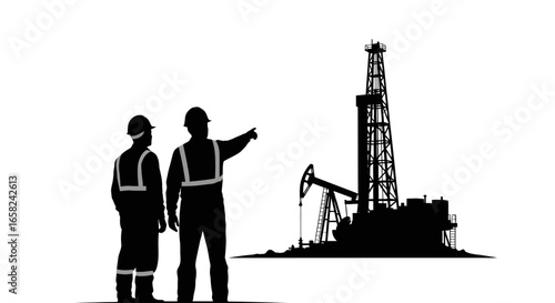Two oil rig workers discuss a tall oil drilling platform.