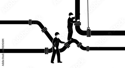 Two workers inspect and maintain a complex network of industrial pipes.
