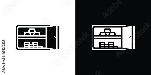 Open Safe with Gold Bars and Stacks of Coins, Isolated on White and Black Background