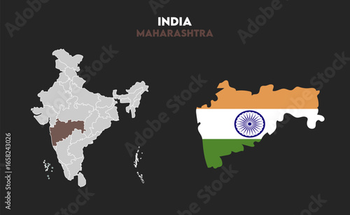 Maharashtra map with Indian flag, Indian states, suitable for education, business, presentations, print, web use, and creative geographic projects. Indian union territory.
