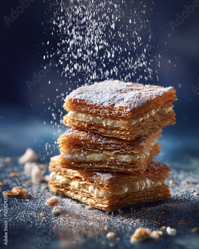 flat lay of mille-feuille pastry dusted with powdered sugar
