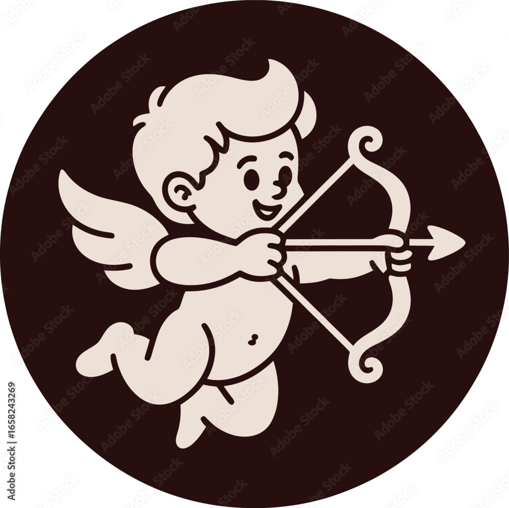 Fototapeta premium Cupid with Bow and Arrow Aiming for Target in a Circle Frame Design