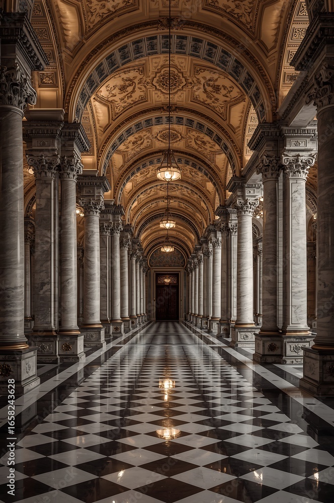 Obraz premium Luxurious Hallway Adorned with Cascading Red Petals and Ornate Architecture, Illuminating a Path of Grandeur and Timeless Romance.