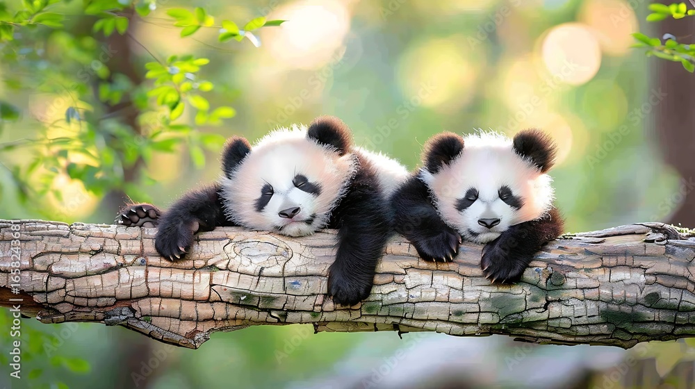 Obraz premium Two baby pandas sleeping on a tree branch in the forest