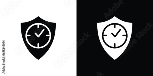 Shield Icon with Clock and Checkmark, Isolated on White and Black Backgrounds