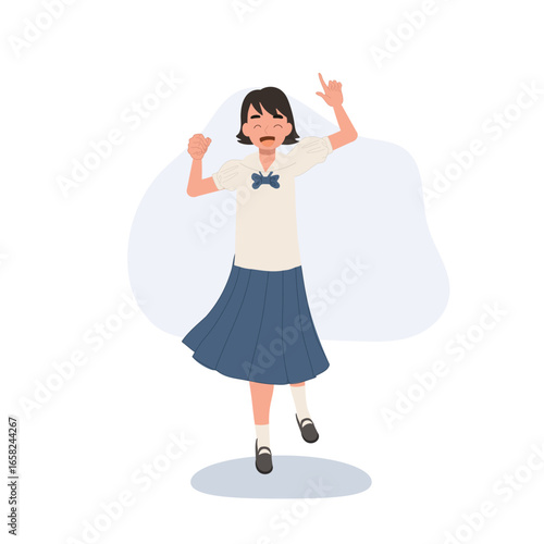 a happy thai schoolgirl wearing a traditional student uniform showing cheerful expression