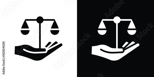 Scales of Justice in Hand Icon, Isolated on White and Black Background