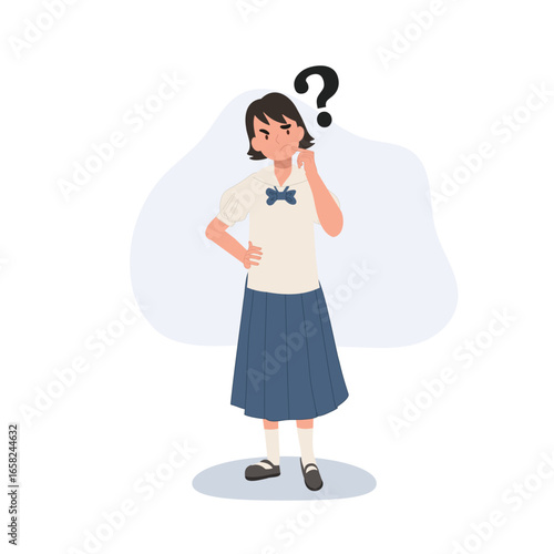schoolgirl in thailand uniform thoughtful pose with question mark puzzled expression academic stress education