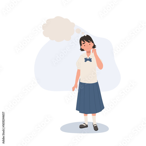 girl in uniform with hand on chin thinking expression ideal for academic visuals cultural