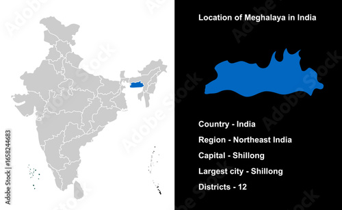 Meghalaya State Outline Map India, Indian states, suitable for education, business, presentations, print, web use, and creative geographic projects. Indian union territory.